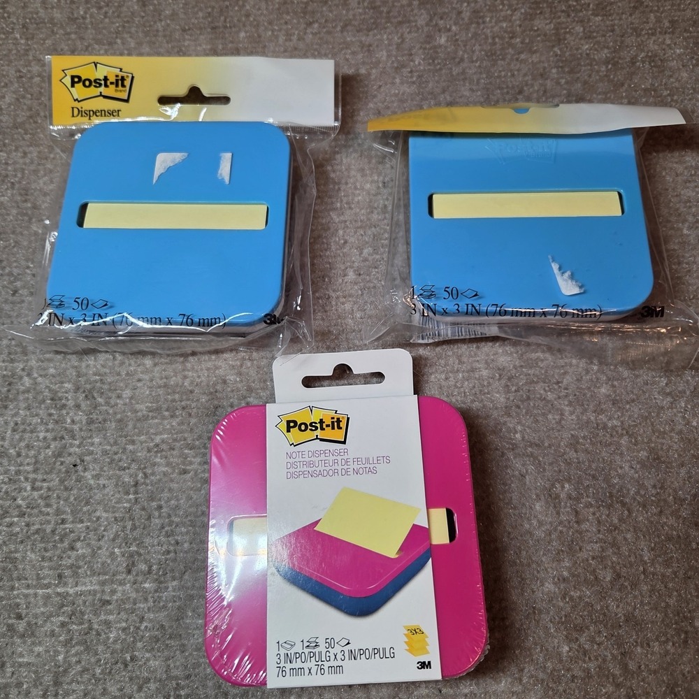 3 Post-it Pop Up Notes Dispensers Pink & Blue + 2 Blue W/50 3"x3" Notes